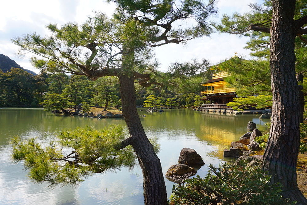 An exterior view of Kinkakuji Temple.