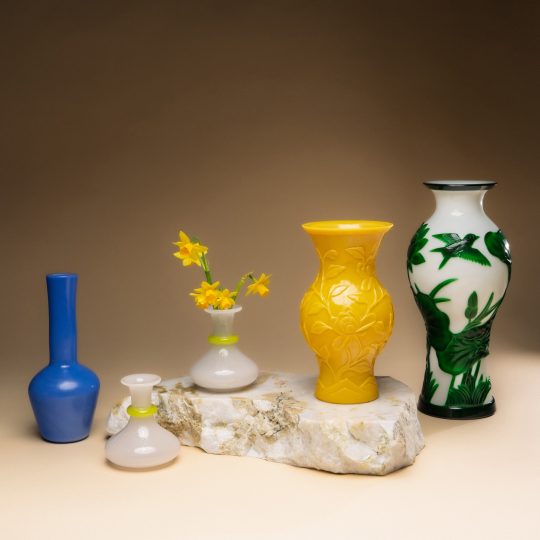 A collection of Chinese peking glass and art glass vases.
