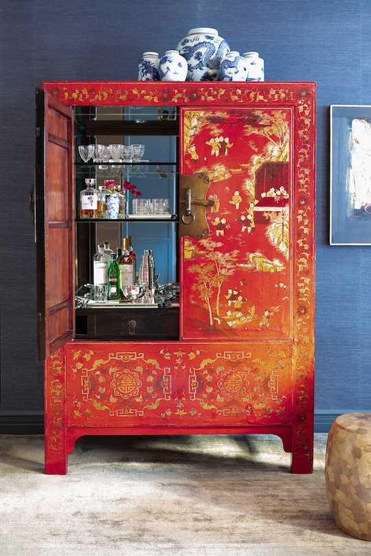 Chinese blue & white jars on a Chinese Scholar's Cabinet in a room designed by Suzan Hadaway 