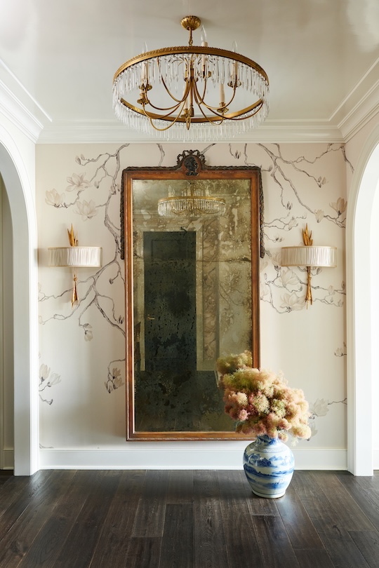 Chinese blue & white porcelain vase in a foyer designed by Suzan Hadaway 
